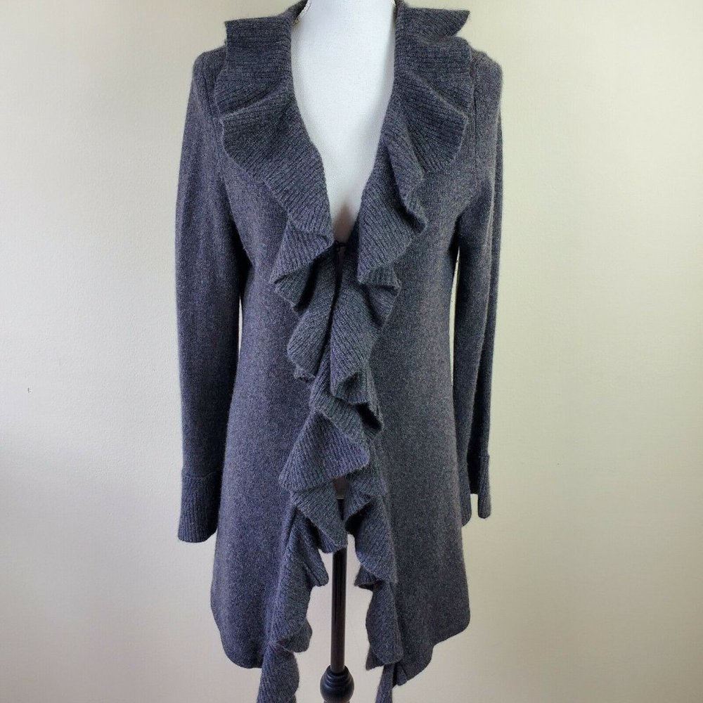 LORD & TAYLOR Cashmere Gray Cardigan Sweater Ruffle Detail Women's Size L